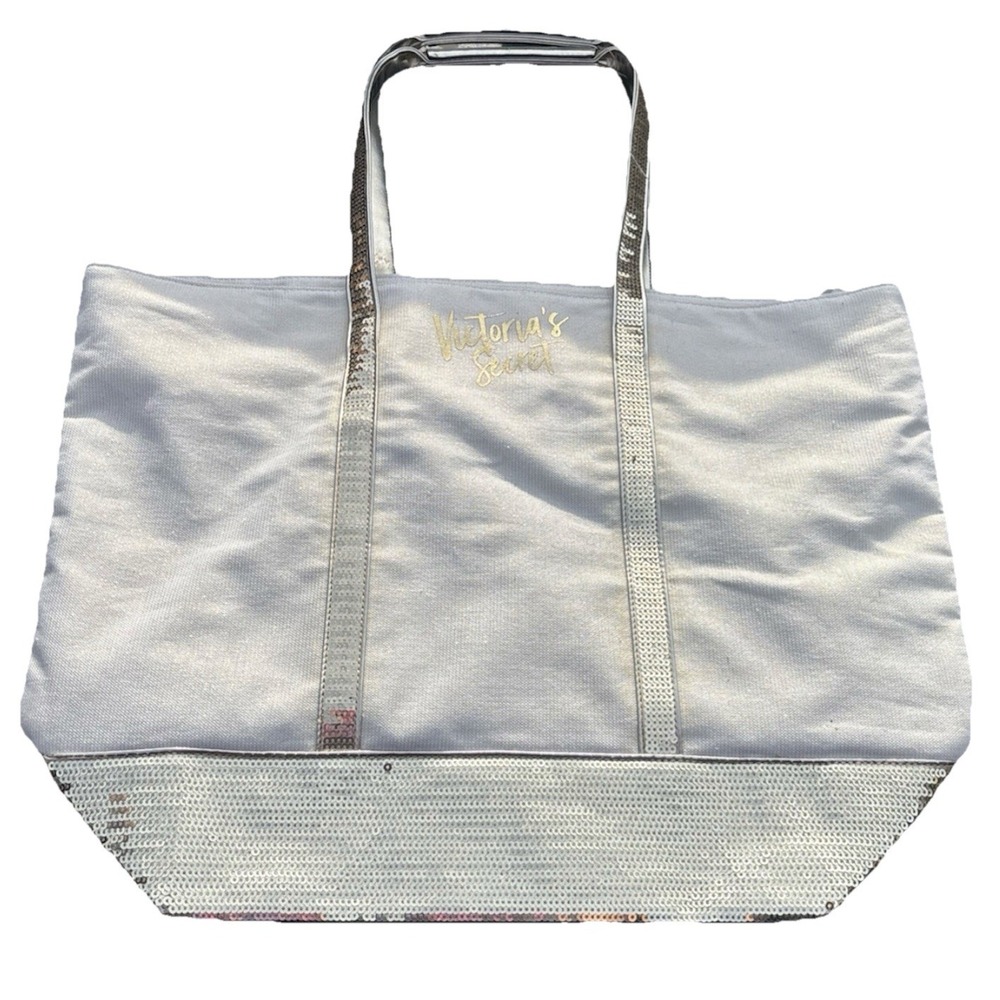Victoria's Secret Sparkle‎ Champagne Sparkle Zipper Gold Sequin Bling Tote Bag